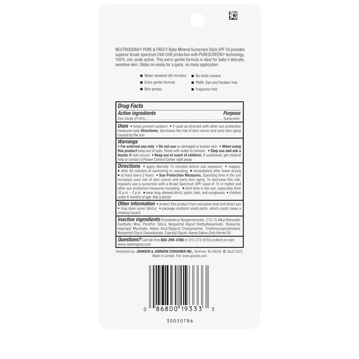 Neutrogena® Pure & Free Baby Sunscreen Stick Broad Spectrum SPF 50, 0.47 Oz