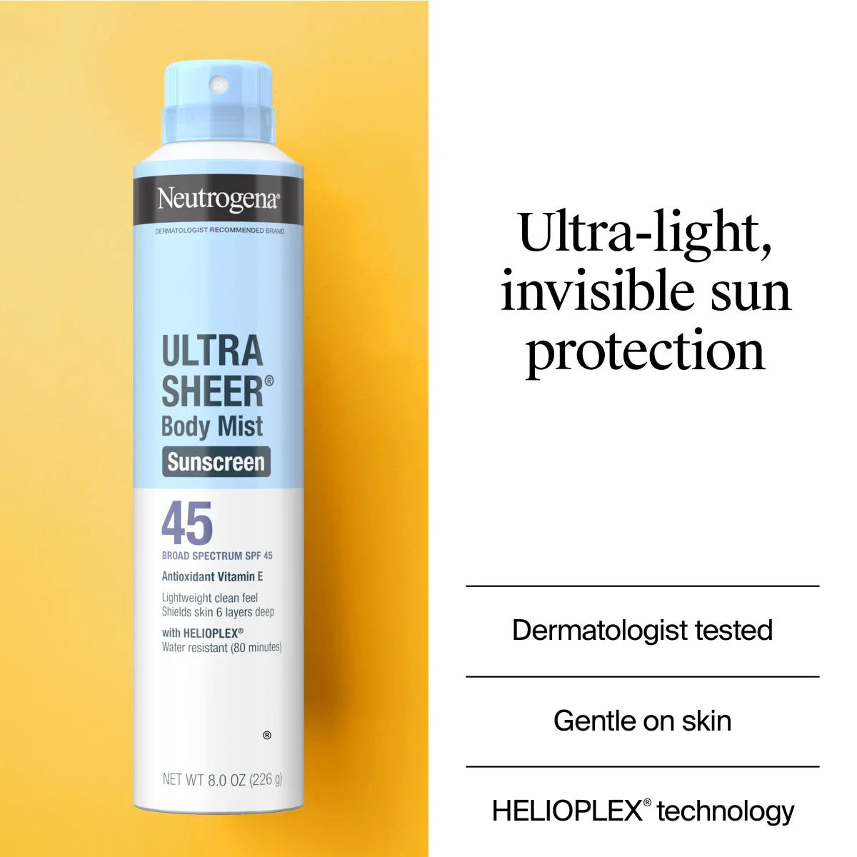 Neutrogena® Ultra Sheer Body Mist Sunscreen Spray Broad Spectrum SPF 45, 8 Oz