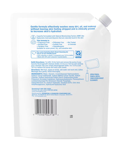 Neutrogena Hydro Boost Cleansing Gel, Fragrance Free, Refill Pouch