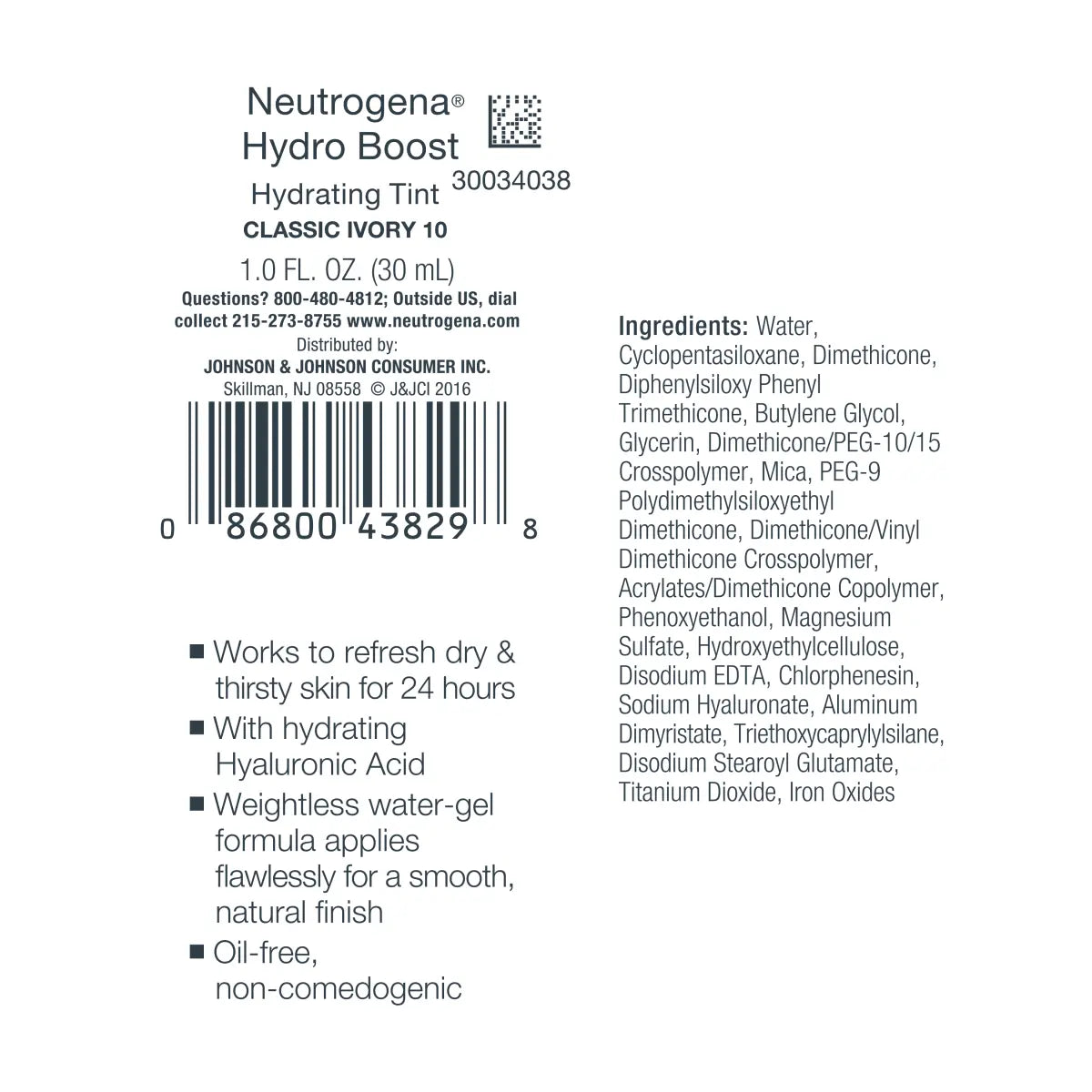 Neutrogena® Hydro Boost Hydrating Tint, Classic Ivory 10, 1.0 Fl. Oz