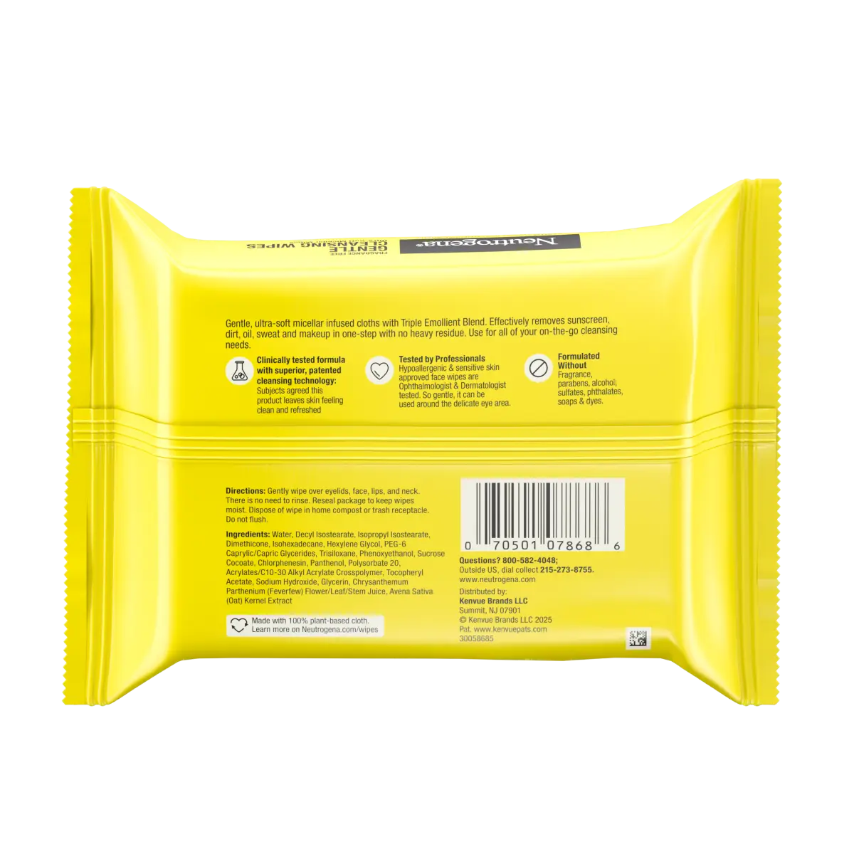 Neutrogena Gentle Cleansing Wipes, Ultra-Soft Micellar Wipes, Fragrance Free, 25 Count
