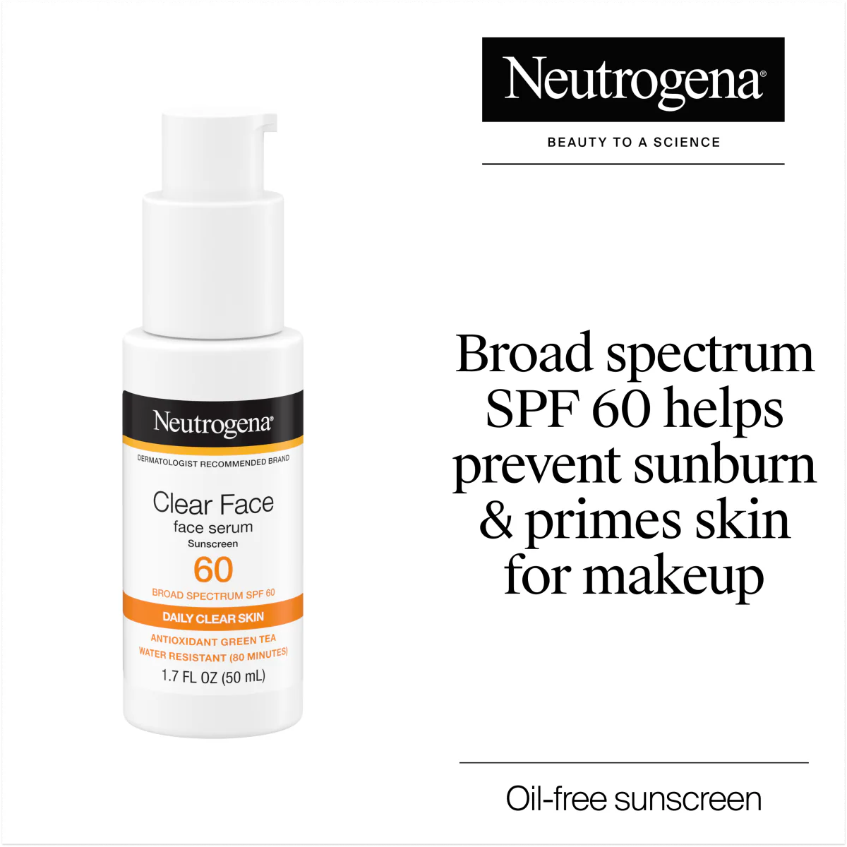 Neutrogena® Clear Face Serum Sunscreen with Green Tea Broad Spectrum SPF 60 Fragrance Free, 1.7 Fl. Oz